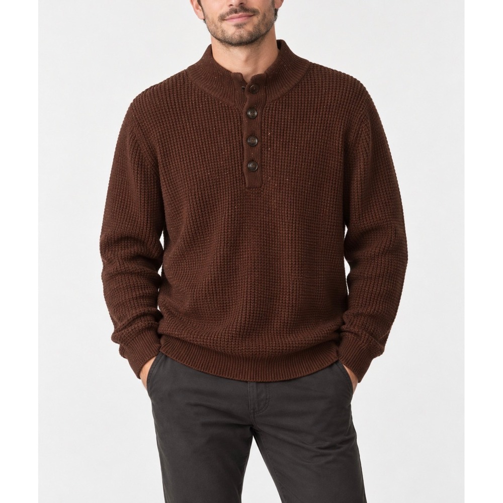 Alesbury Mens Brown Waffle Knit Mock Neck Pullover Button Sweater Medium NWOT